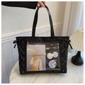 Black Japanese style large ita bag tote featuring transparent window and ribbon details - Black