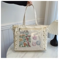 Japanese style cream tote bag with transparent display pocket and side ribbon details - White