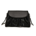 Elegant black pleated cloud bag with silver chain strap and minimalist leather flap cover - Black