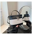 Contrast color bucket bag in beige canvas and black leather with mirror reflection - Black
