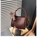 Deep brown pebble leather tote bag with checkerboard silk scarf and adjustable strap - With Silk Scarf / Brown