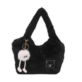 Modische schwarze Kunstpelz-Handtasche mit Bärenstickerei und Monster-Anhänger - Schwarz