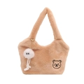 Khakifarbene Plüsch-Schultertasche mit Bärenstickerei und flauschigem Anhänger für Damen - Khaki