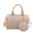 Chic cream beige pebble leather Boston bag with matching round coin purse and gold hardware - White