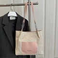 Sac fourre-tout en paille tressée avec poche en cuir rose et bandoulière en chaîne - Rose