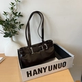 Dark brown patent leather shoulder bag with silver buckle strap in a display box - Brown