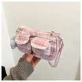 Detail of pink striped corduroy bag with front pockets and a cute light blue pom pom - With Pendant / Pink