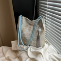 Bolso tote con correa azul, bordado de paisaje y borla con cuentas blancas - Azul