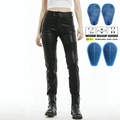 Damen Motorradhose aus schwarzem Leder mit CE-Protektoren und elastischen Einsätzen - XXS / Schwarz Fleecegefüttert (Mit Silikonpads)