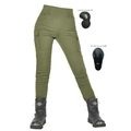 Pantaloni cargo da moto verde militare da donna con ginocchiere e protezioni per fianchi - S / Verde Militare