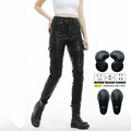 Women's black faux leather motorcycle cargo pants with removable CE protectors - XXS / Black