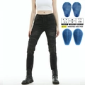 Jeans da moto slim neri da donna con protezioni blu rimovibili e inserti elastici - XXS / Nero Retrò (JES-3)