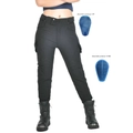 Dettaglio dei pantaloni moto neri con protezioni rimovibili blu per ginocchia e fianchi - XXS / Stile nero perforato (PK-10)