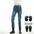 Jeans da moto blu scuro da donna con pieghe elastiche e protezioni CE rimovibili - XXS / Blu con cuscinetti protettivi