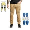 Khaki motorcycle cargo pants with stretch shirring and removable CE knee protectors - XS / Khaki