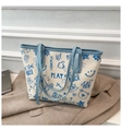 Sac fourre-tout blanc cassé avec imprimés graffitis bleus et anses bleu ciel sur laine - Bleu
