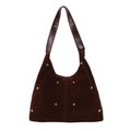 Minimalist large dark brown suede tote bag with golden rivets and leather strap - Coffee
