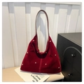 Burgundy velvet tote bag with golden studs and dark brown leather shoulder strap - Red