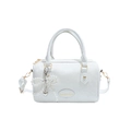 White Boston handbag with snakeskin texture and pearl bow charm shown on white background - No Pendant / White