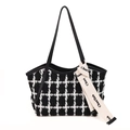 Klassische Shopper-Tasche aus schwarz-weißem Tweed mit Lederriemen und Logo-Stickerei - Schwarz