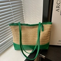 Sac cabas en paille avec garniture en cuir vert pour femme, style décontracté chic 2025 - Vert