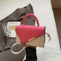 Fuchsia and white bicolor contrast handbag with woven handle and gold metal bar buckle - Rose Pink