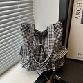 Gingham tote bag with tiered ruffle layers and drawstring closure in black and white - Black