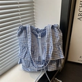 Blue and white gingham tote bag with ruffled layers and a functional drawstring closure - Blue