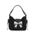 Elegant black leather handbag with a large silver metal bow accent and chain detail - Black