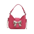 Hot pink mini square handbag with silver bow clasp and metallic chain strap - Rose Red