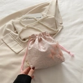 Pink drawstring bucket bag with floral embroidery, 3D butterflies and pearl strap - Pink