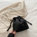 Fashionable black satin bucket bag with 3D butterfly decor and pearl shoulder strap - Black