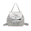 Silver heart quilted backpack with metal chain handle and adjustable straps - Silver