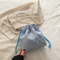 Light blue pearl lace bucket bag with 3D butterfly embroidery and drawstring closure - Blue