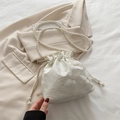 Elegant white lace bucket bag with 3D butterfly accents and pearl shoulder strap - White