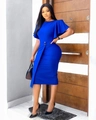 Detail of royal blue bodycon dress featuring ruffle sleeves and gold button waist decor - Blue