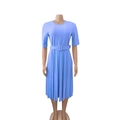 Detail of light blue short sleeve pleated dress with a matching waist belt and crew neck - S / Light Blue