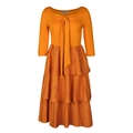 Close-up of orange long-sleeve dress with bow neckline and white polka dot tiered skirt - S / Yellow