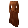 Detail showing the brown pleated midi dress with asymmetrical hem and diagonal neckline - S / Brown