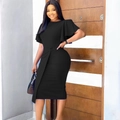 Elegant black bodycon midi dress featuring dramatic ruffle sleeves and a waist belt - S / Black