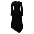 Detail of elegant black dress showing asymmetrical neckline and pleated irregular hemline - S / Black