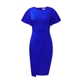 Detail of royal blue bodycon dress with ruffle sleeves and asymmetric wrap skirt design - S / Blue