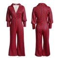Voor- en achteraanzicht van rood-zwarte jumpsuit met pied-de-poule patroon en V-hals - S / Rood