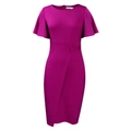Detailed view of magenta office dress featuring flutter sleeves and waist button accents - Purple