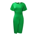 Detail of elegant green dress with ruffle sleeves and decorative waist buttons - S / Bright Green