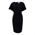 Detail of elegant ruffle sleeves and slim fit design on a black midi cocktail dress - S / Black