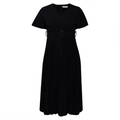 Detail of V-neck pleated black dress featuring short sleeves and a matching square buckle belt - S / Black