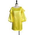 Close-up of vibrant yellow satin mini dress with puffy lantern sleeves and ruffle detail - Yellow