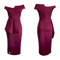 Front and back view of a slim fit deep red peplum dress with asymmetric neckline - S / Burgundy