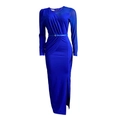Detalle de vestido azul real con mangas de malla y abertura lateral alta sexy - S / Azul Real
